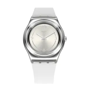 Ρολόι Swatch YLS213 SISTEM BAU με ασημί καντράν και λευκό δερμάτινο λουρί.