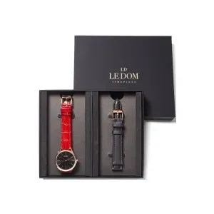 Ρολόι LE DOM Classic Box Set LD.1000-9 SET με μαύρο καντράν και κόκκινο δερμάτινο λουράκι.
