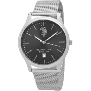Ανδρικό ρολόι U. S. Polo Assn. Owen USP4944GY Owen με μαύρο καντράν και ασημί μπρασελέ.
